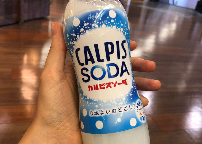 A hand holding a bottle of Calpis Soda in a Japanese supermarket.